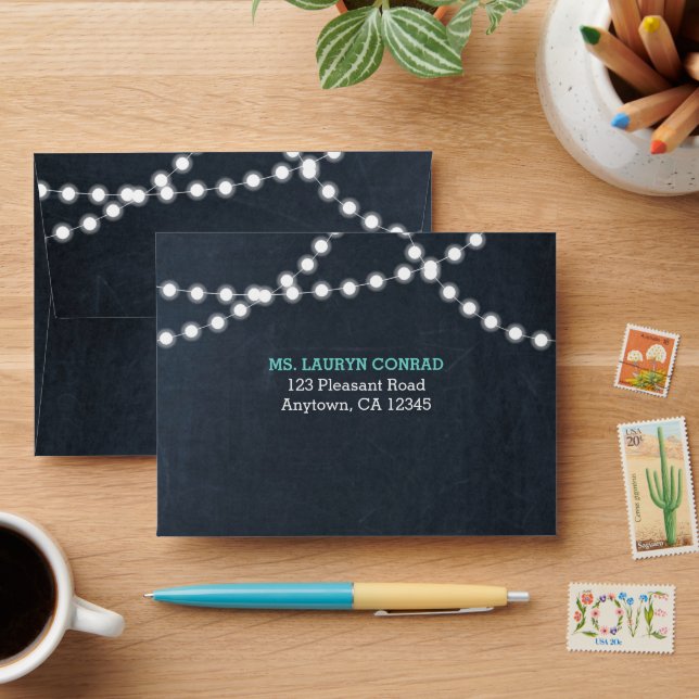 Chalkboard Lights Teal RSVP Envelopes (Desk)