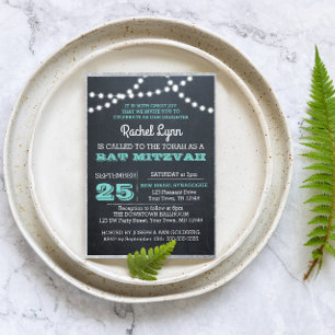 Chalkboard Lights Teal Silver Border Bat Mitzvah Invitation