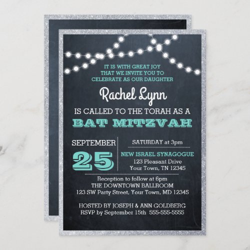 Chalkboard Lights Teal Silver Border Bat Mitzvah Invitation