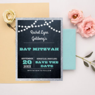 Chalkboard Lights Teal Silver Border Save the Date Announcement Postcard