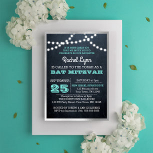 Chalkboard Lights Teal Silver Texture Bat Mitzvah Invitation