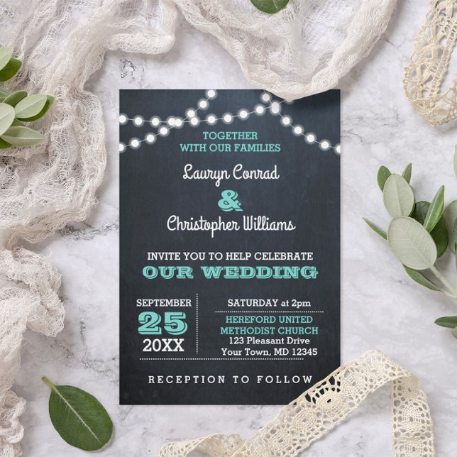 Chalkboard Lights Teal Wedding Invitation (Creator Uploaded)