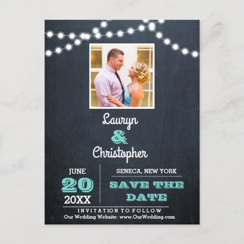 Chalkboard Lights Teal Wedding Save the Date Announcement Postcard