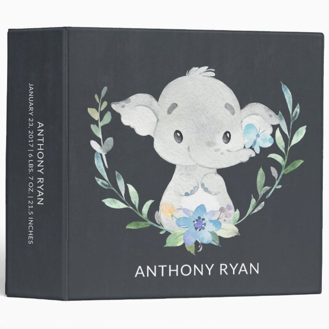 chalkboard Little Elephant Boys Baby Photo Album 3 Ring Binder (Front/Spine)