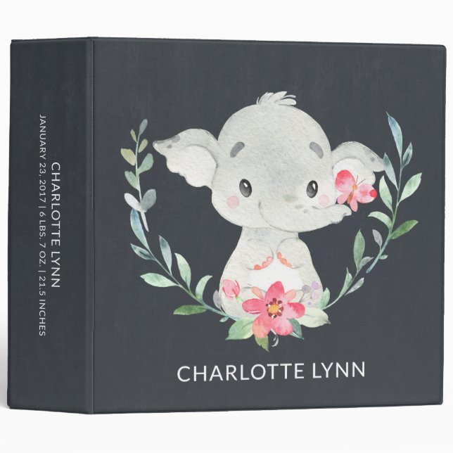 Chalkboard Little Elephant Girls Baby Photo Album 3 Ring Binder (Front/Spine)