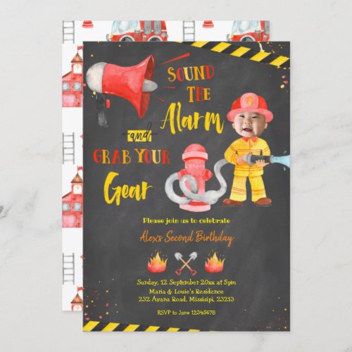 Chalkboard Little Firefighter with photo Invitation