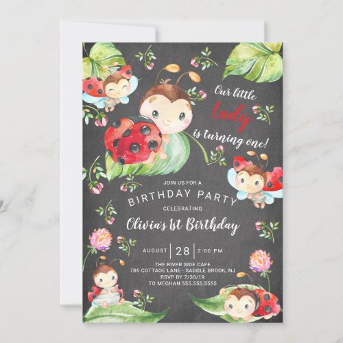 Chalkboard Little Lady Ladybug 1st Birthday Invitation