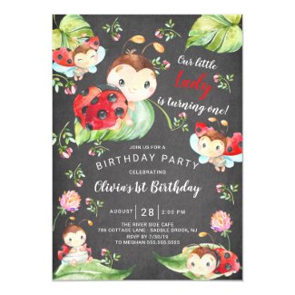 Chalkboard Little Lady Ladybug 1st Birthday Invitation