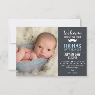 Chalkboard Little Man Moustache Boy Photo Birth Announcement