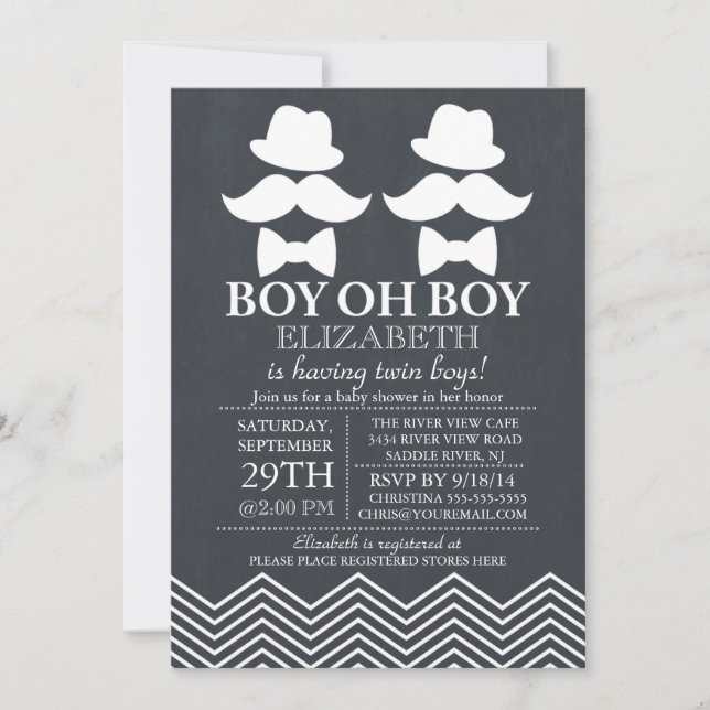 Chalkboard Little Man Mustache TWINS Baby Shower Invitation (Front)