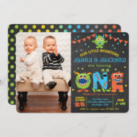 Chalkboard little monster twins 1st birthday party invitation