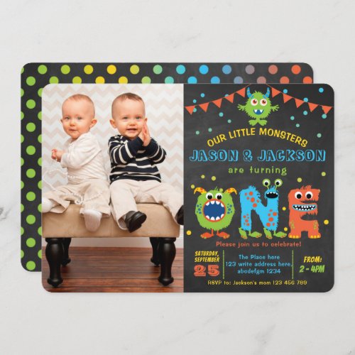 Chalkboard little monster twins 1st birthday party invitation
