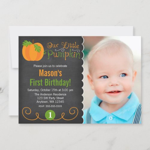 Chalkboard Little Pumpkin Green Orange Birthday Invitation
