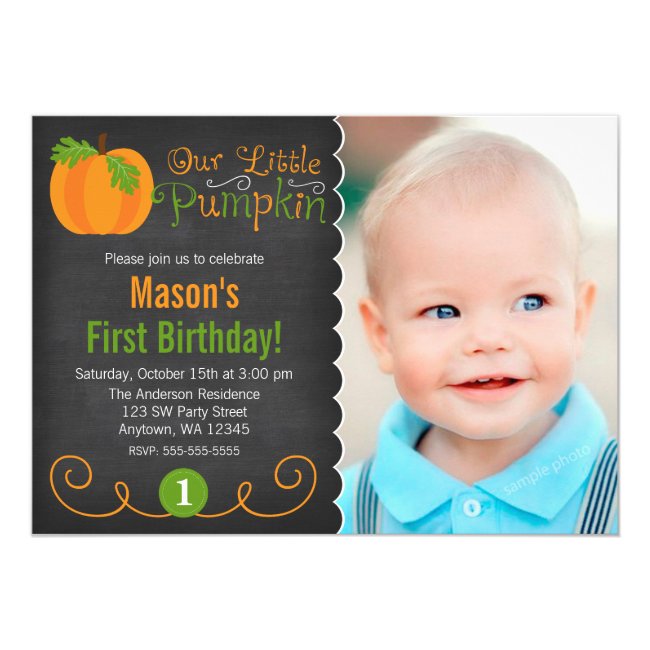 Chalkboard Little Pumpkin Green Orange Birthday Invitation