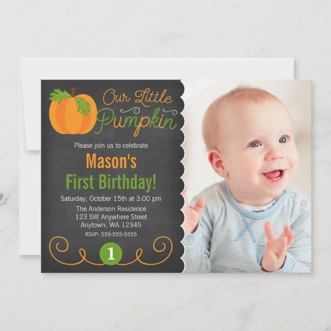 Chalkboard Little Pumpkin Green Orange Birthday Invitation (Front)