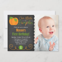 Chalkboard Little Pumpkin Green Orange Birthday Invitation