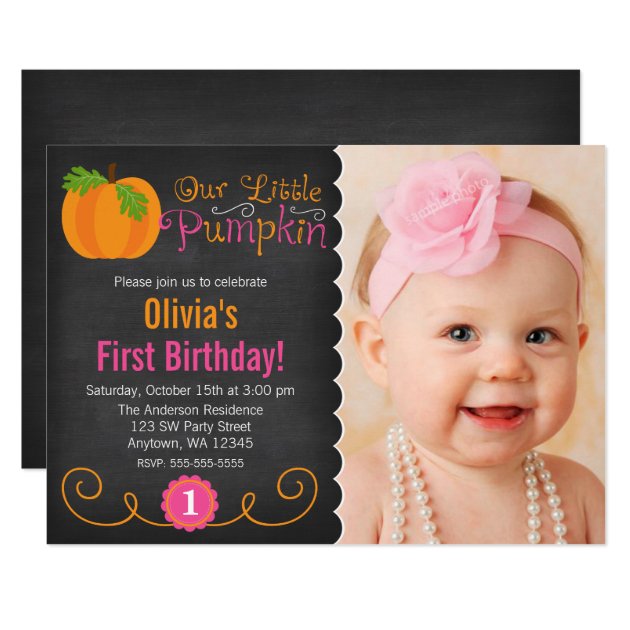 Chalkboard Little Pumpkin Pink Orange Birthday Invitation