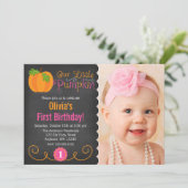 Chalkboard Little Pumpkin Pink Orange Birthday Invitation (Standing Front)
