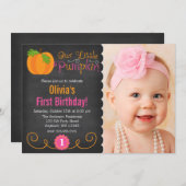 Chalkboard Little Pumpkin Pink Orange Birthday Invitation (Front/Back)