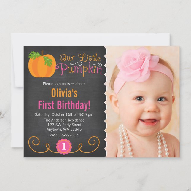 Chalkboard Little Pumpkin Pink Orange Birthday Invitation (Front)