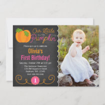 Chalkboard Little Pumpkin Pink Orange Birthday Invitation