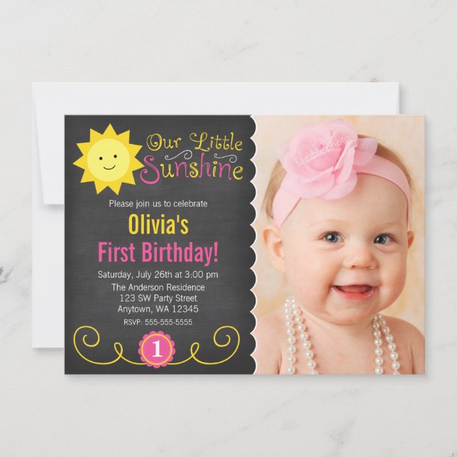 Chalkboard Little Sunshine Pink Yellow Birthday Invitation (Front)