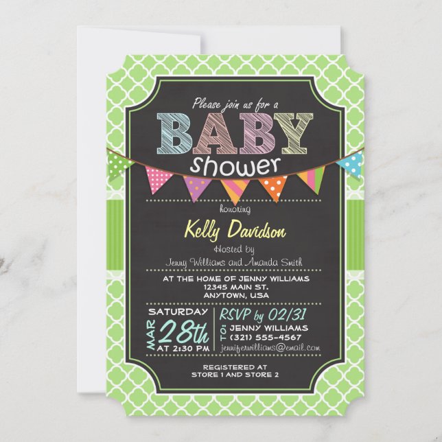 Chalkboard look Baby Shower; Lime Green Quatrefoil Invitation (Front)