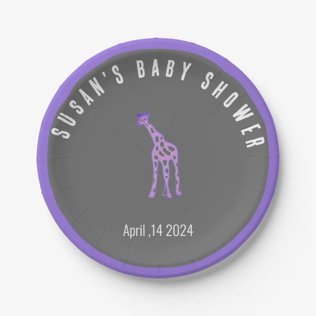 Chalkboard look baby shower - purple giraffe paper plates (Front)