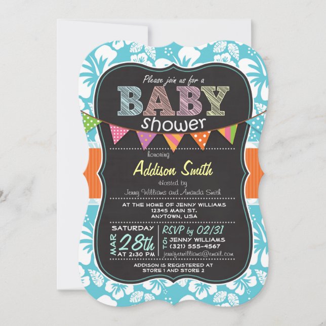 Chalkboard look Baby Shower; Tropical Blue Invitation (Front)