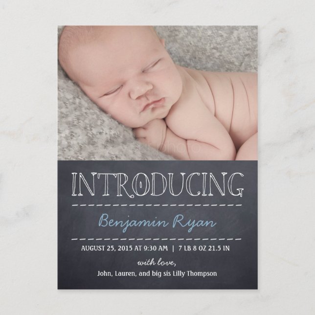 Chalkboard Look Birth Announcement - Blue Postcard (Front)