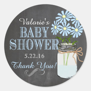 Chalkboard Look Mason Jar Blue Flowers Baby Shower Classic Round Sticker