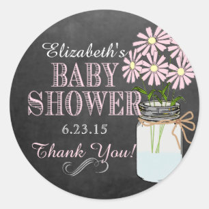 Chalkboard Look Mason Jar Pink Flowers Baby Shower Classic Round Sticker