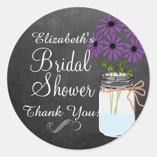 Chalkboard Look Mason Jar with Dark Purple Flowers Classic Round Sticker