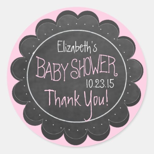 Chalkboard Look Whimsical Pink Baby Shower Favor Classic Round Sticker