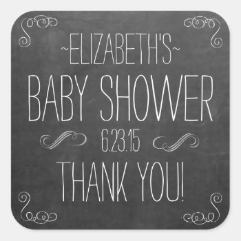 Chalkboard Look White Handwritten Text Baby Shower Square Sticker by hungaricanprincess at Zazzle