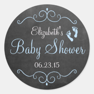 Chalkboard Look with Footprints Blue Baby Shower Classic Round Sticker