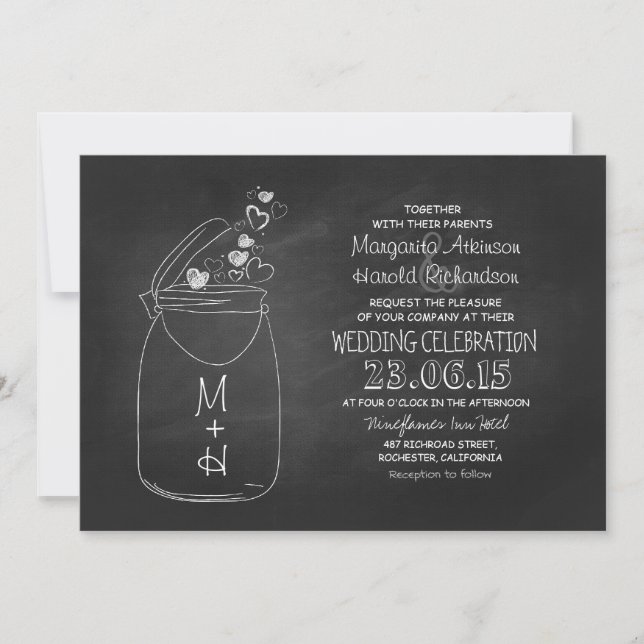 chalkboard love hearts mason jar wedding invitation (Front)