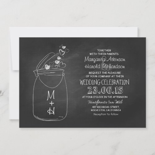 chalkboard love hearts mason jar wedding invitation