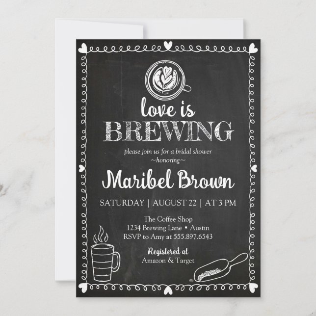 Chalkboard Love Is Brewing Bridal Shower Coffee Invitation (Front)