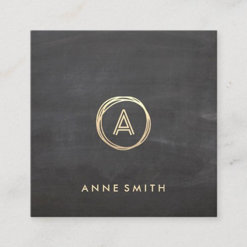 Chalkboard Luxe Gold Circle Modern Monogram Square Business Card