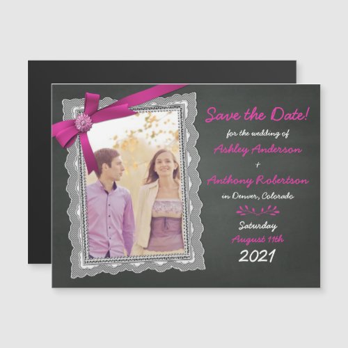 Chalkboard Magenta Bow Photo Wedding Save the Date Magnetic Invitation