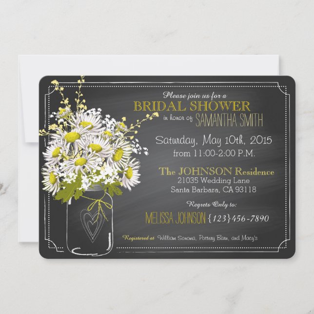 Chalkboard, Mason Jar and Daisies Bridal Shower Invitation (Front)