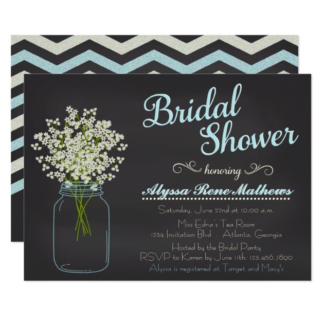 Chalkboard Mason Jar Baby's Breath Bridal Shower Invitation