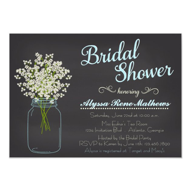 Chalkboard Mason Jar Baby's Breath Bridal Shower Invitation