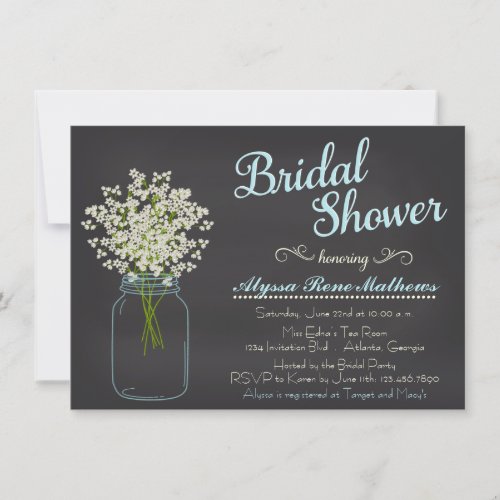 Chalkboard Mason Jar Baby's Breath Bridal Shower Custom Announcements