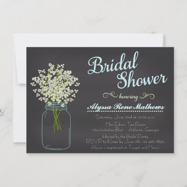Chalkboard Mason Jar Baby's Breath Bridal Shower Invitation (Front)