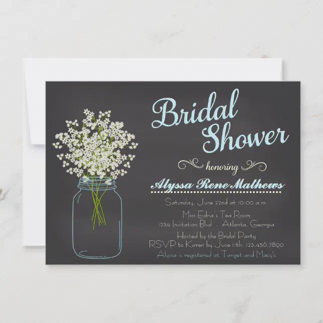 Chalkboard Mason Jar Baby's Breath Bridal Shower Invitation | Zazzle