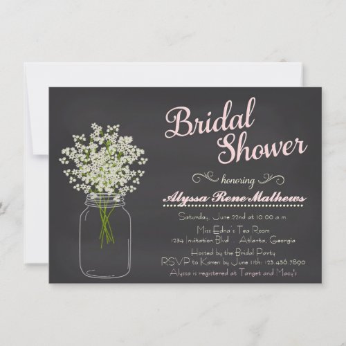 Chalkboard Mason Jar Babys Breath Invitation PINK