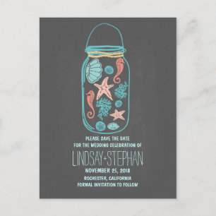 Chalkboard mason jar beach wedding save the date announcement postcard