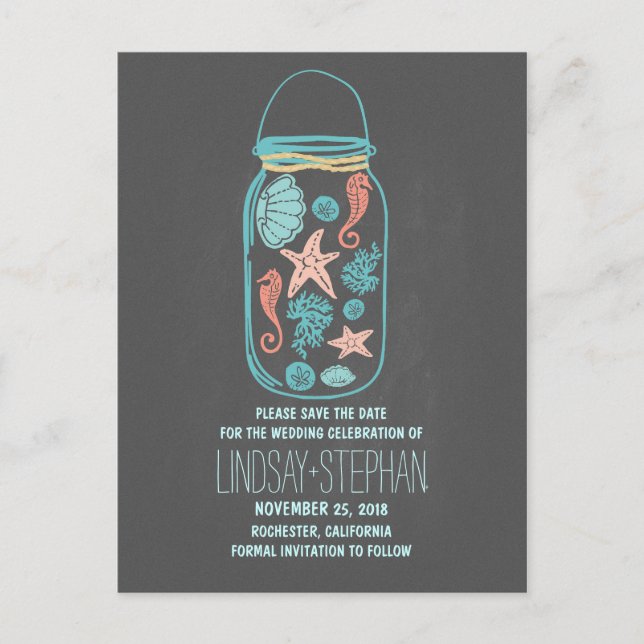 Chalkboard mason jar beach wedding save the date announcement postcard (Front)